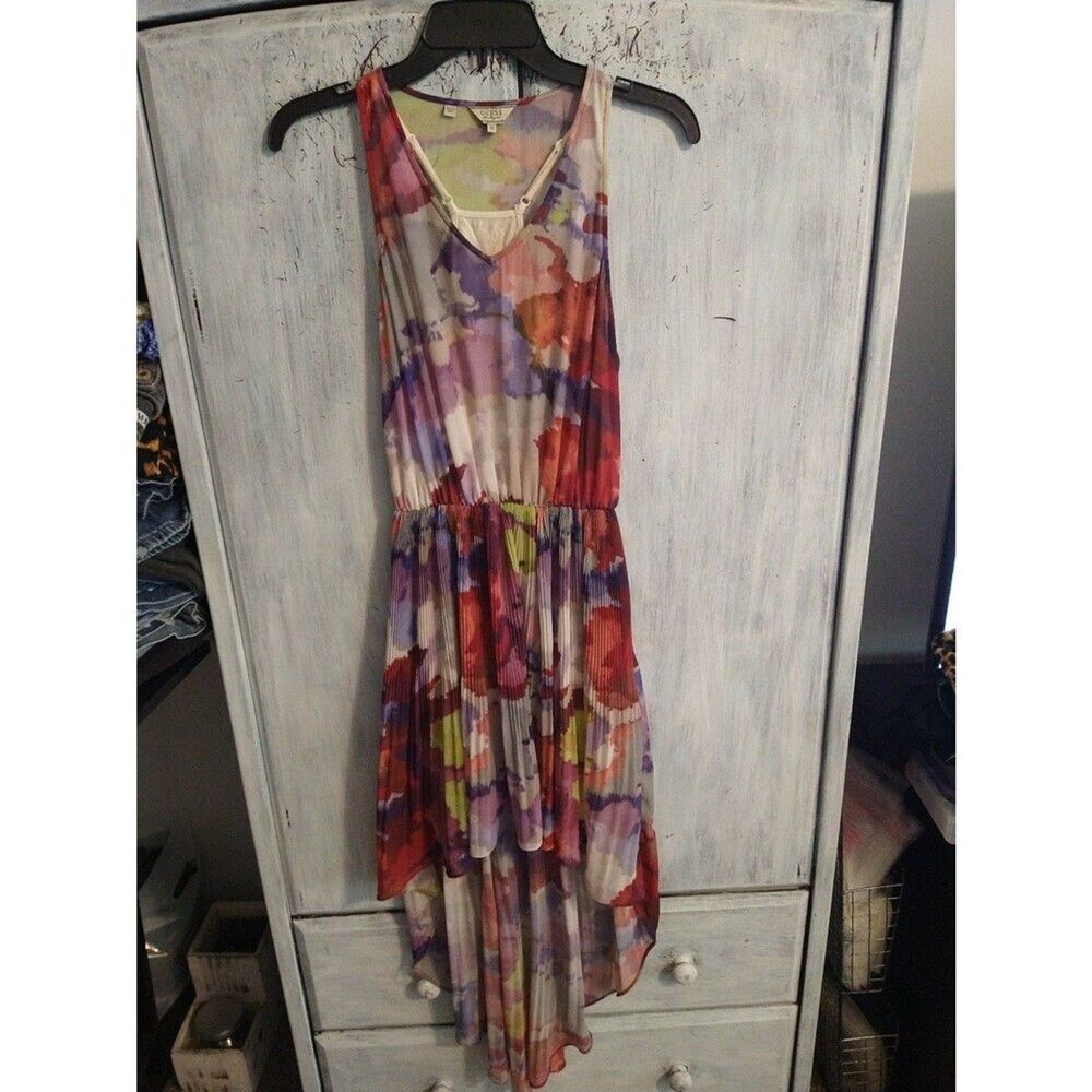 Guess sheer lined multicolor high low sleeveless small dress Boho Summer